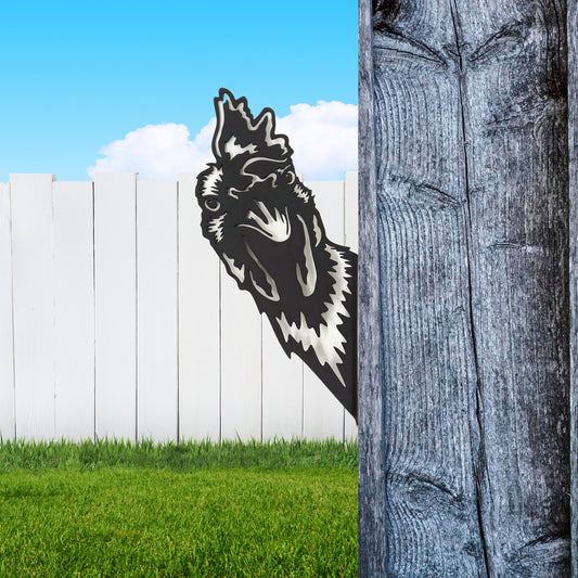 Black powder coat metal rooster head peeking around a tree