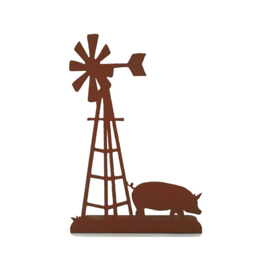 Windmill and Pig Tabletop Metal Home Decor 14.75 Inches Tall