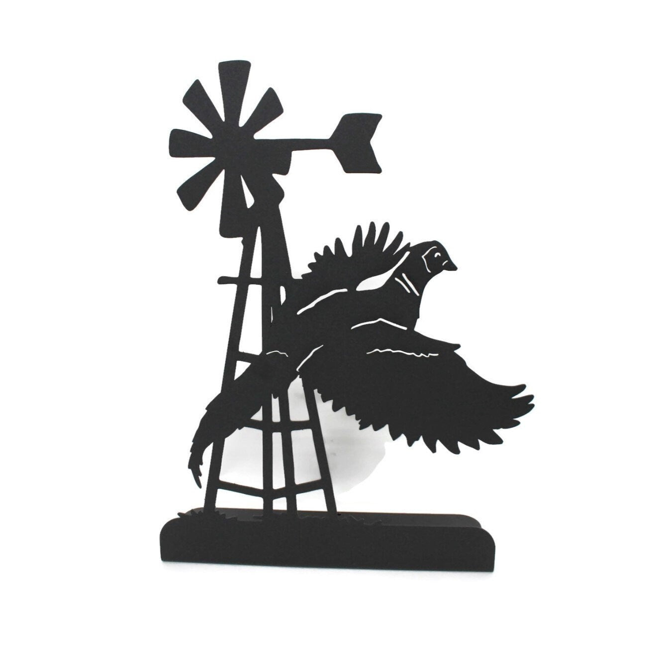 Windmill and Pheasant Free Standing Metal Decor 14.75 Inches Tall