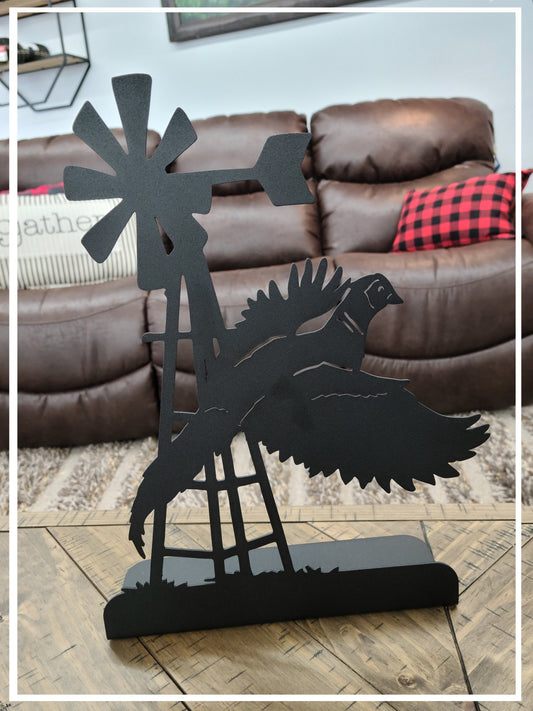 Windmill and Pheasant Free Standing Metal Decor 14.75 Inches Tall