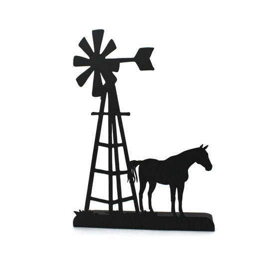 Windmill and Horse Tabletop Metal Home Decor 14.75 Inches Tall
