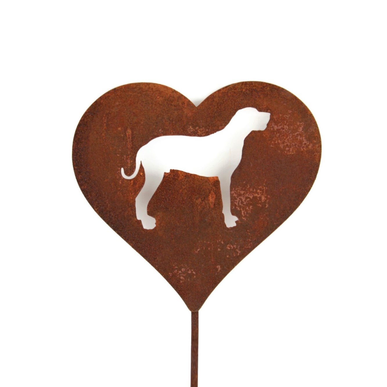 Custom heart-shaped rusty garden stake sign in rust with a great dane dog silhouette