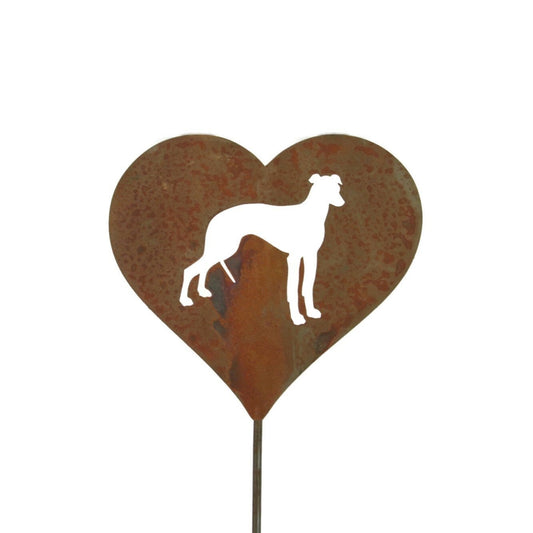 Heart-shaped rusty garden stake sign in rust with a greyhound dog silhouette
