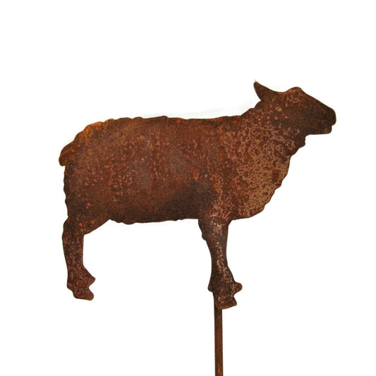 Rusty sheep shaped metal garden stake