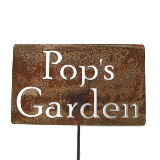 Pop's Garden rusty garden stake sign