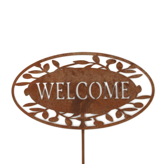 Rusty welcome leaf pattern metal garden stake