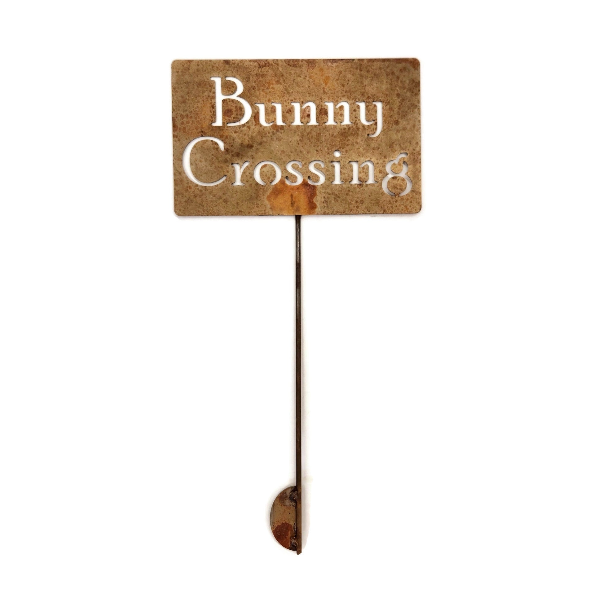 Bunny Crossing rusty garden stake sign