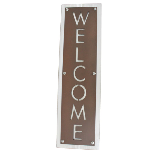 Brown over aluminum layered metal welcome sign