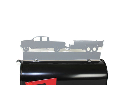 Gray pickup and dump trailer custom mailbox topper installed on a mailbox