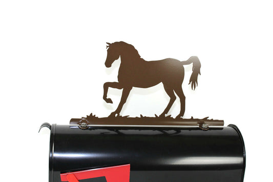 Gloss brown standing horse mailbox topper installed on a mailbox
