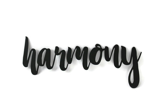 harmony metal script word sign in black powder coat