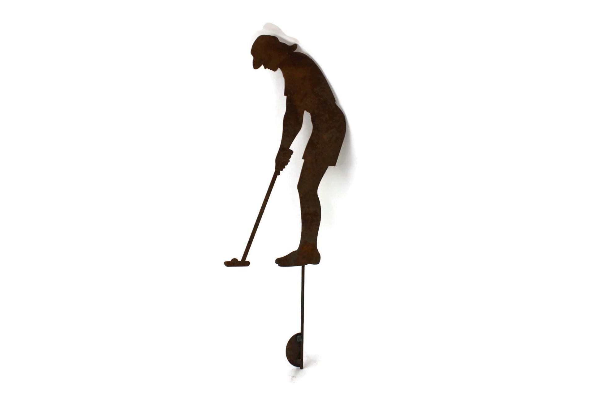 Metal lady golfer garden stake in rust