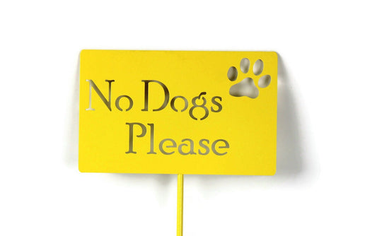 No Dogs Please yellow powder coat garden stake sign
