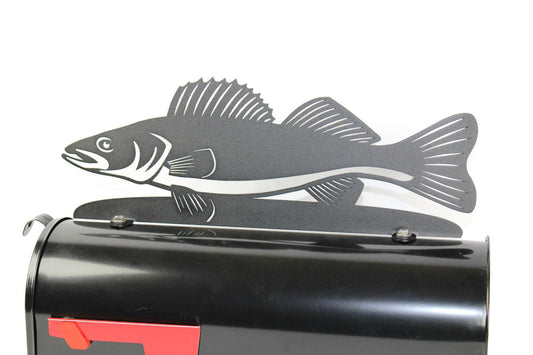 Black walleye fish mailbox topper installed on a mailbox