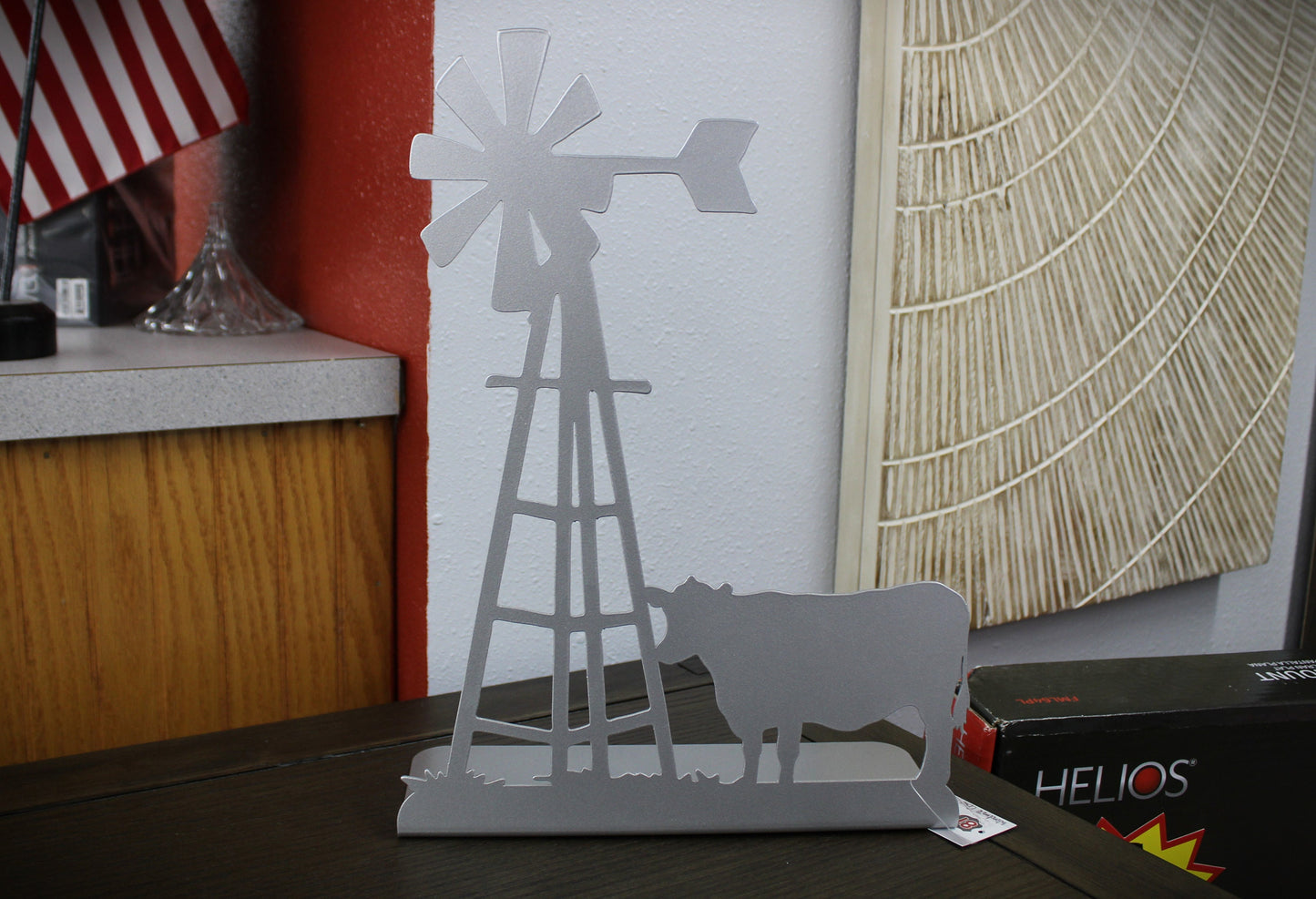 Windmill and Cow Metal Tabletop Decor 14.2 Inches Tall