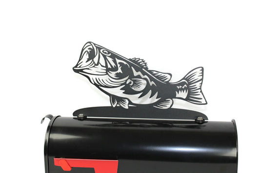 Black bass fish mailbox topper installed on a mailbox.