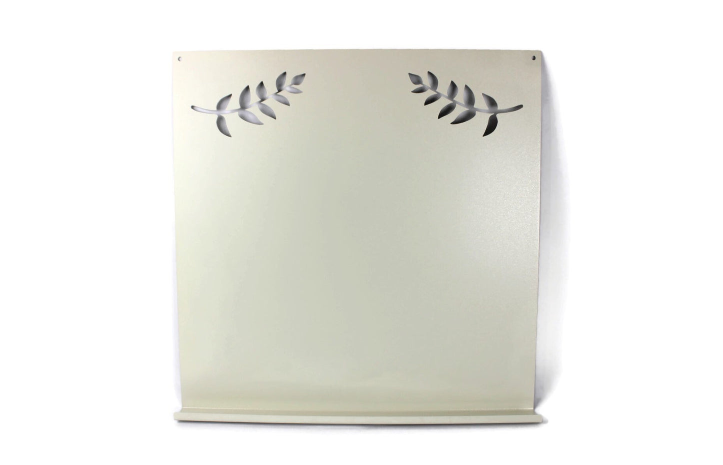 Cream powder coat metal magnet message board with leaf pattern and tray