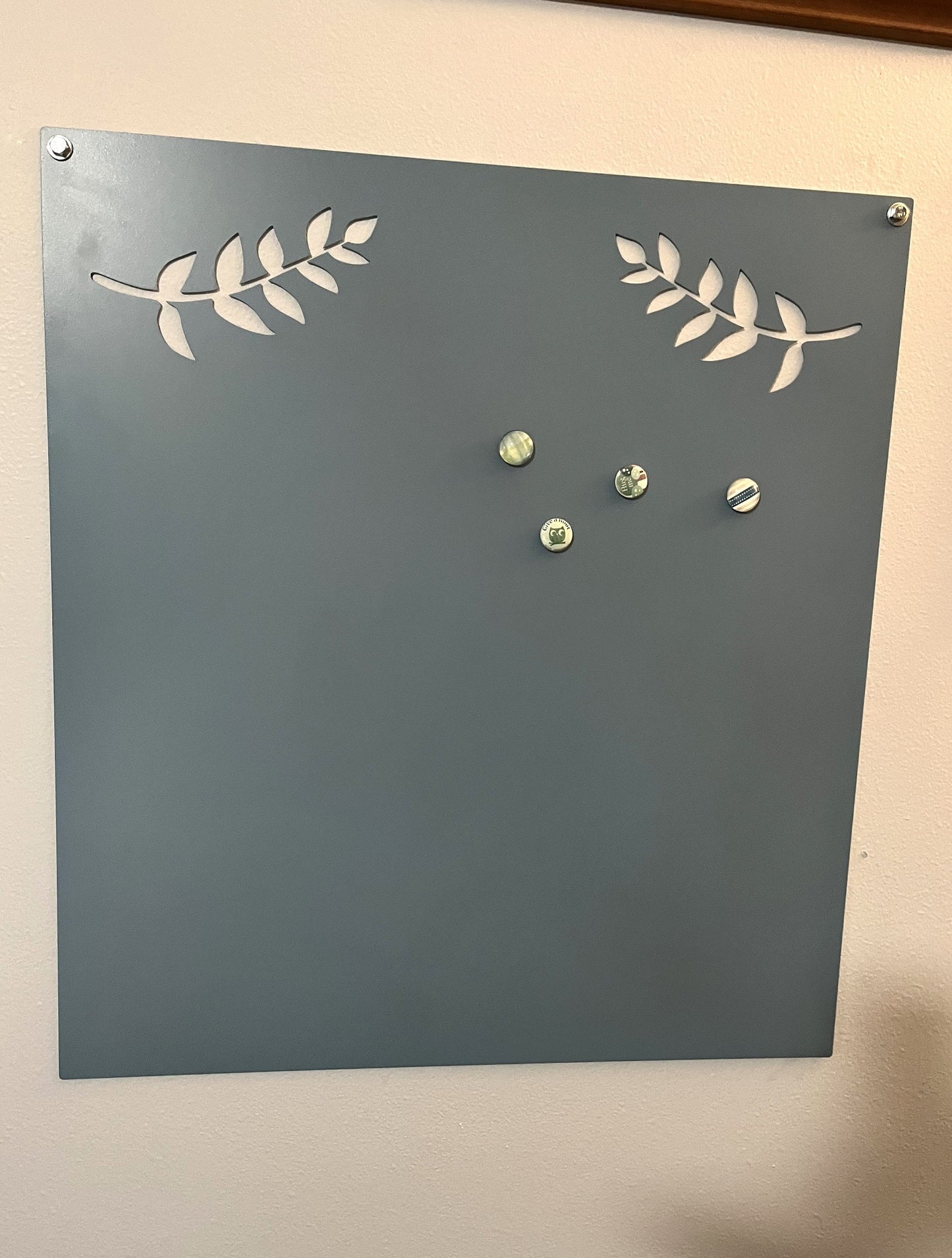 Light blue powder coat metal magnet message board with leaf pattern