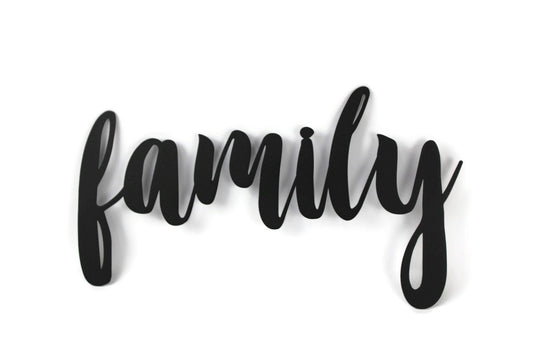 family metal script word sign in black powder coat