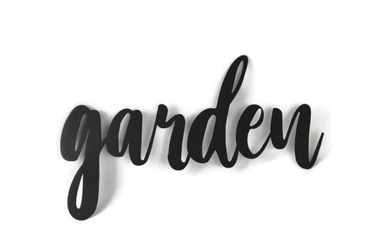 garden metal script word sign in black powder coat