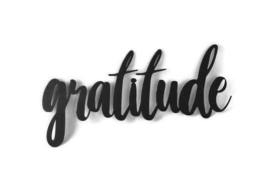 gratitude metal script word sign in black powder coat
