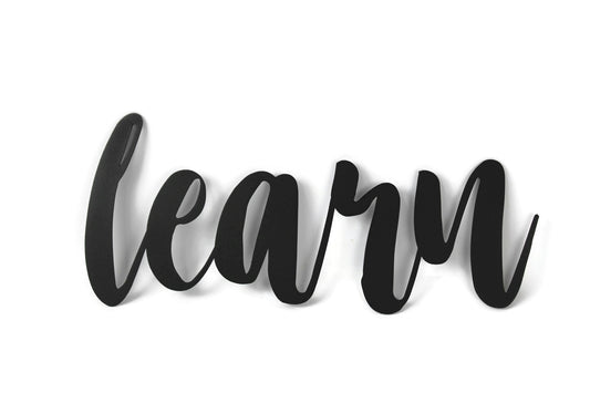 learn metal script word sign in black powder coat