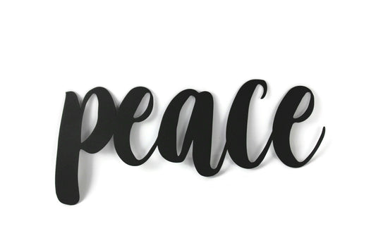 peace metal script word sign in black powder coat