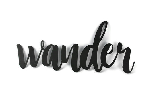 wander metal script word sign in black powder coat
