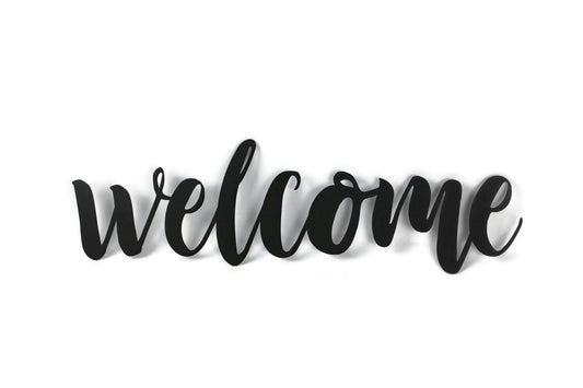 welcome metal script word sign in black powder coat