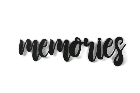 memories metal script word sign in black powder coat