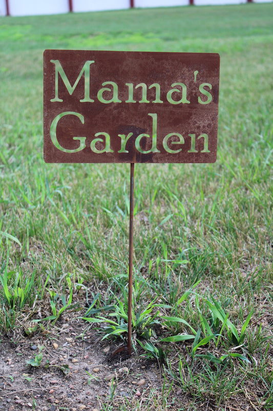 Mama's Garden rusty garden stake sign