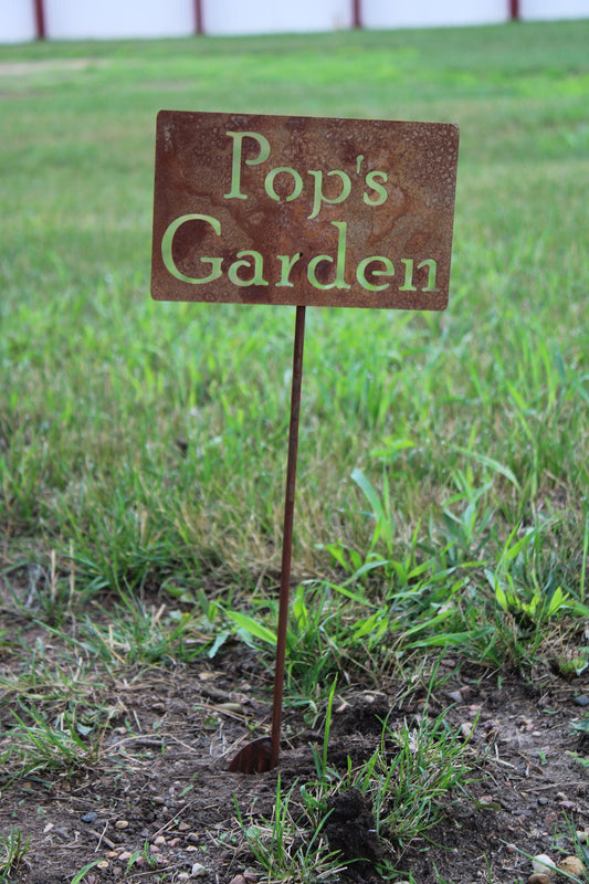 Pop's Garden rusty garden stake sign