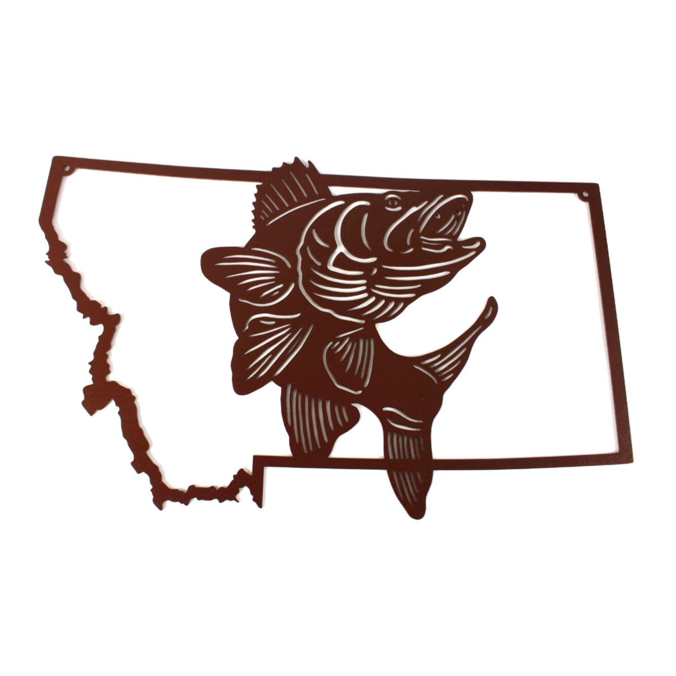 Montana-shaped metal wall art with a jumping walleye in hammered brown powder coat