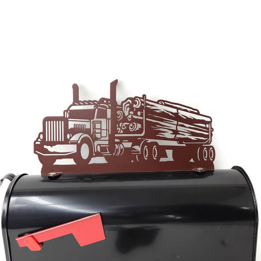 Dark brown log truck custom mailbox topper installed on a mailbox.