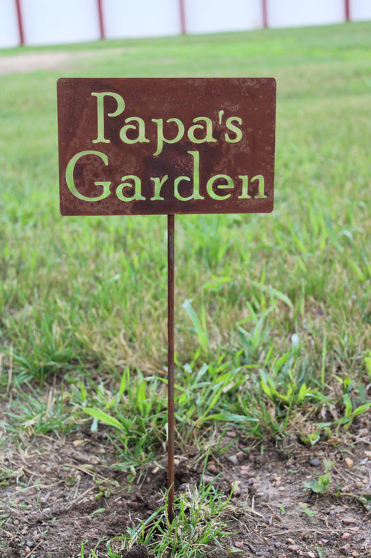 Papa's Garden rusty garden stake sign