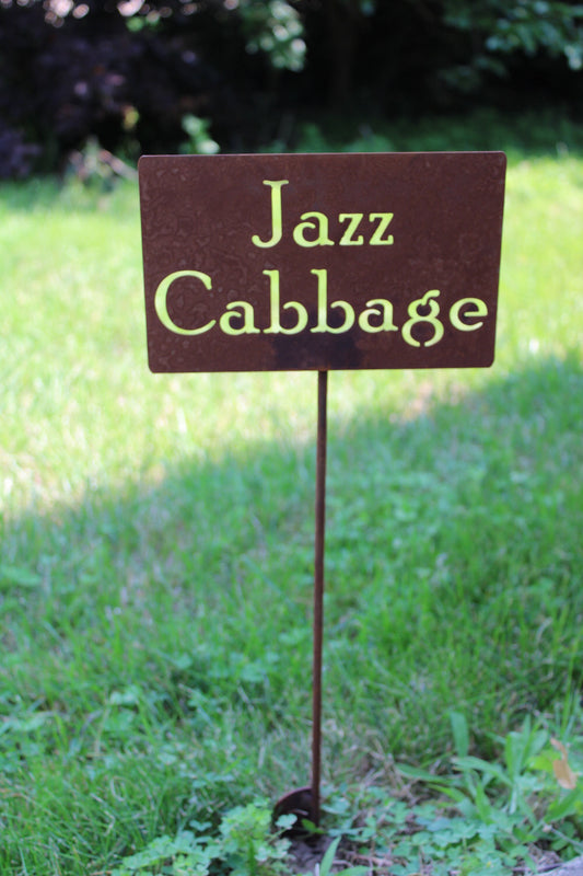 Jazz Cabbage rusty garden stake sign