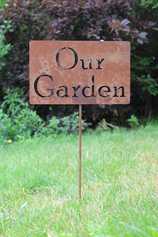 Our Garden rusty garden stake sign