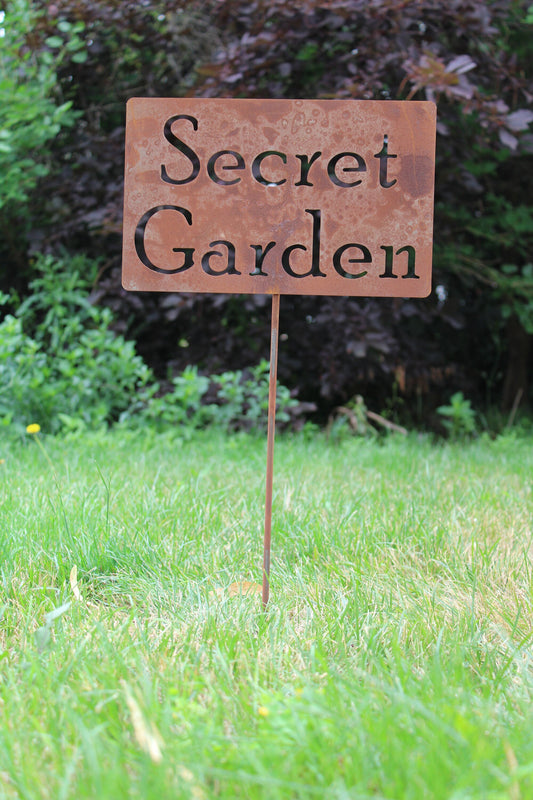Secret Garden rusty garden stake sign