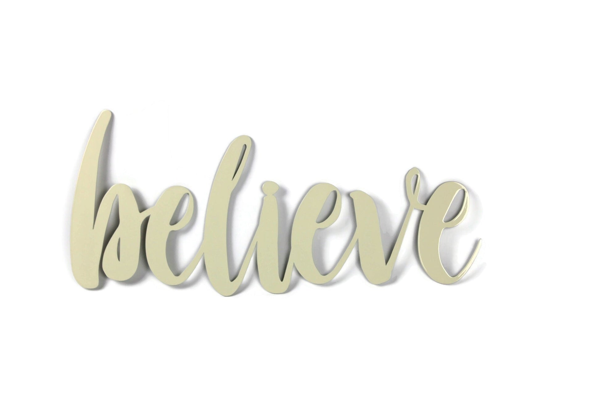 believe metal script word sign in cream powder coat