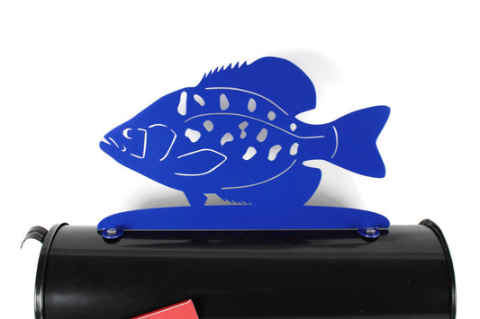Blue crappie fish mailbox topper installed on a mailbox.