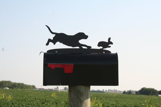 Black rabbit hunting beagle mailbox topper installed on a mailbox.