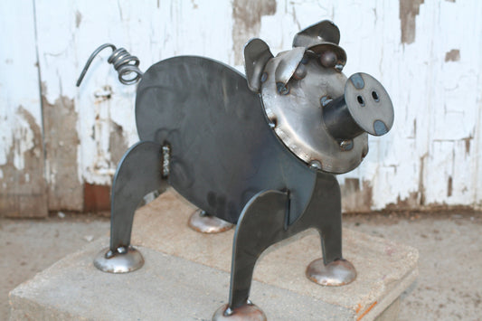 Raw steel pig garden statue with curly tail