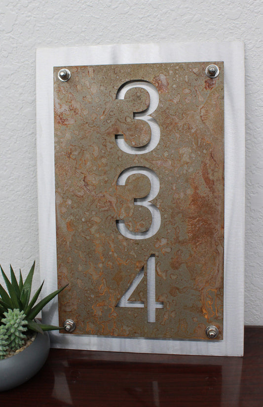 Rust over aluminum vertical layered metal address sign