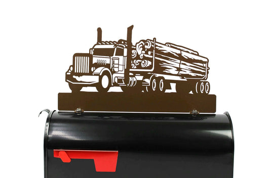 Brown log truck custom mailbox topper installed on a mailbox.