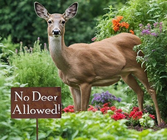 No Deer Allowed rusty garden stake sign with a doe in the background