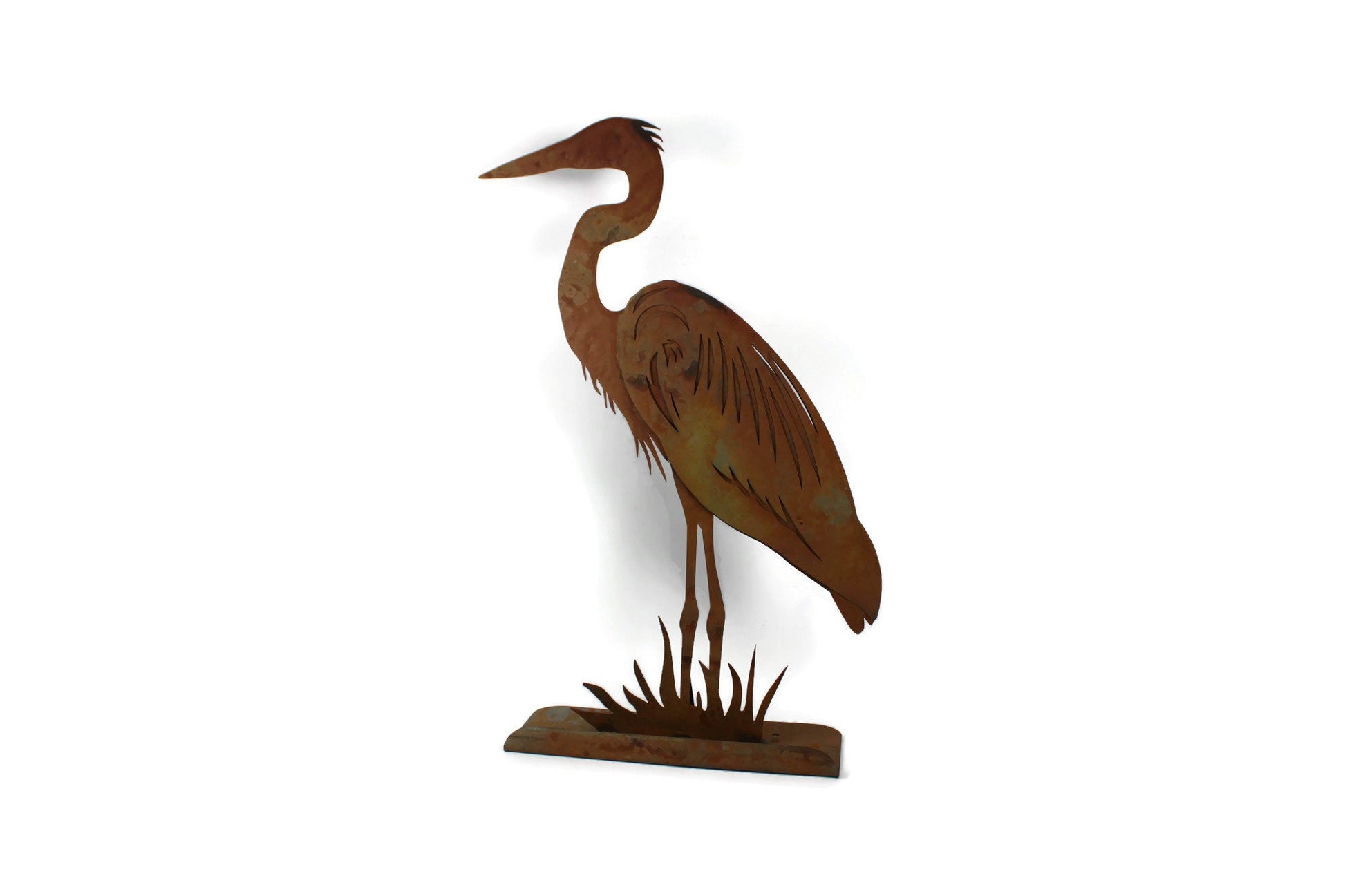 Rusty metal heron statue
