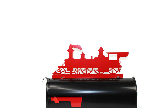Red train engine mailbox topper installed on a mailbox