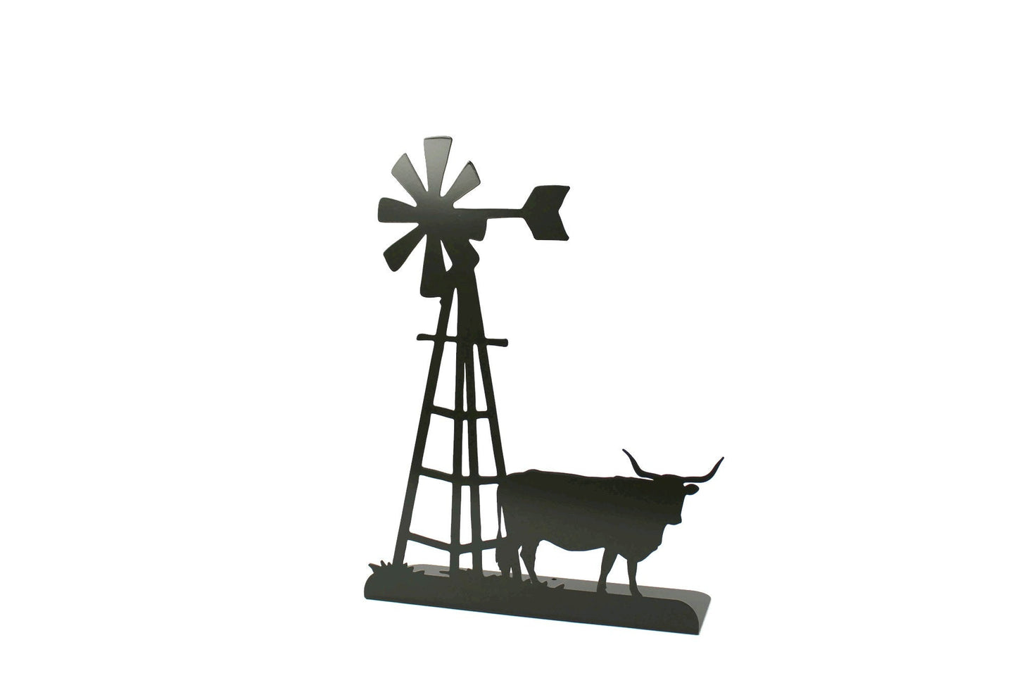 Windmill and Longhorn Cow Tabletop Metal Home Decor 14.75 Inches Tall