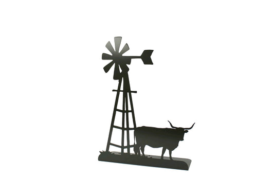 Windmill and Longhorn Cow Tabletop Metal Home Decor 14.75 Inches Tall