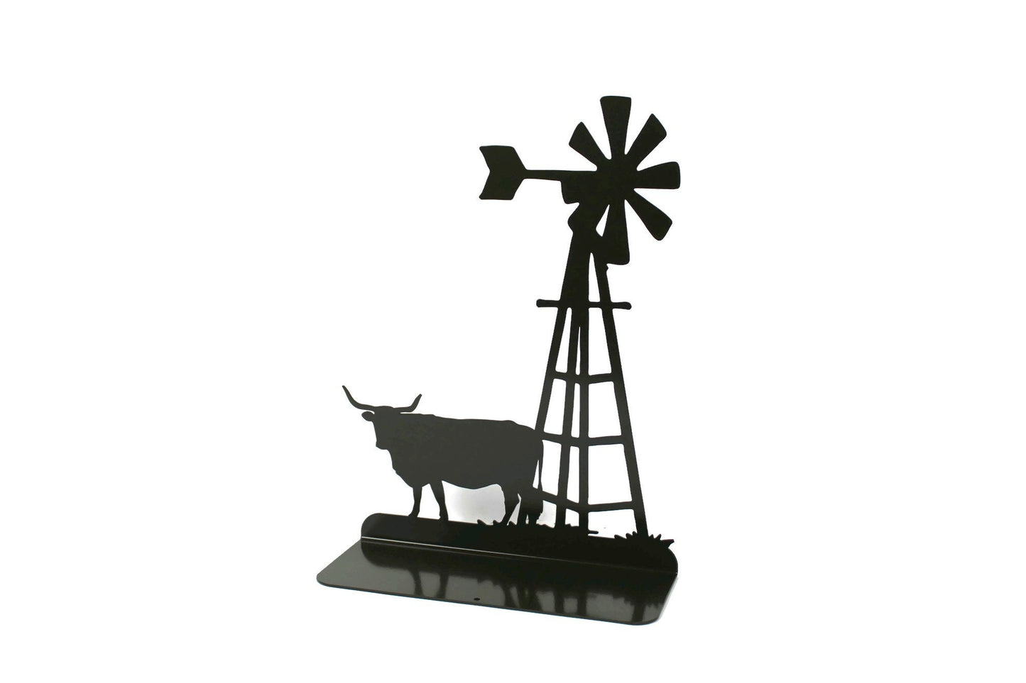Windmill and Longhorn Cow Tabletop Metal Home Decor 14.75 Inches Tall